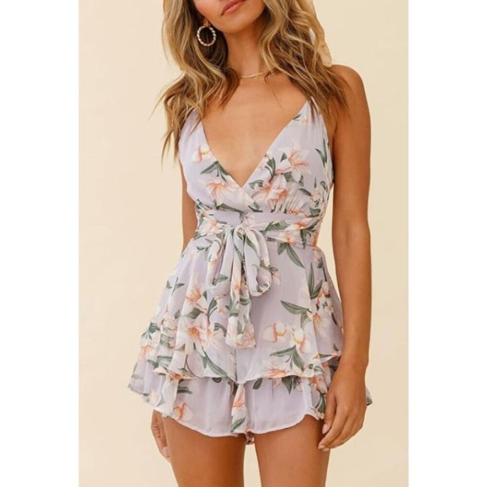 Lavender Floral Romper V Neck Open Back